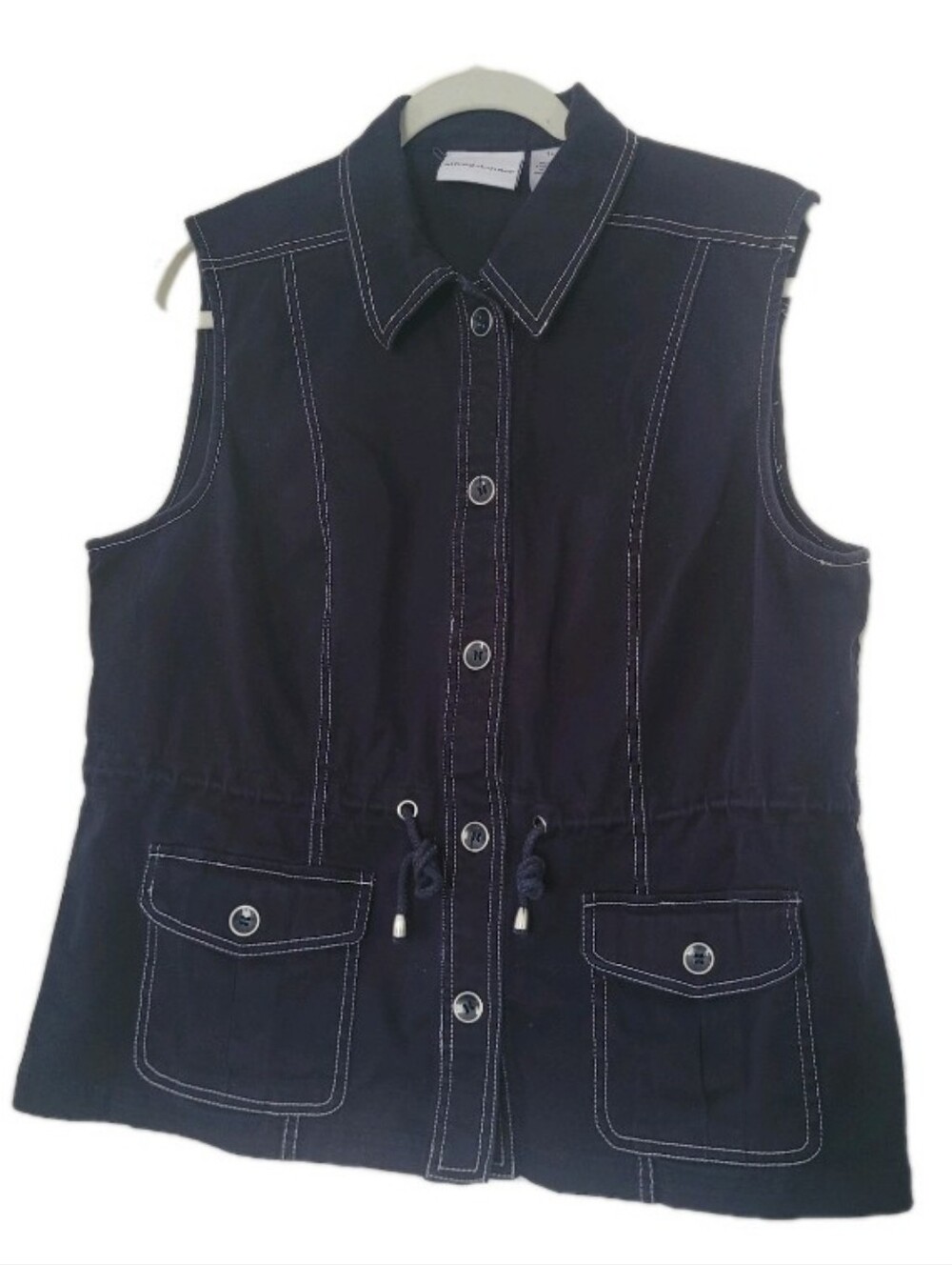 Women's Sleeveless Utility Vest Size 14 Navy Blue White Stitch Button Up Pockets